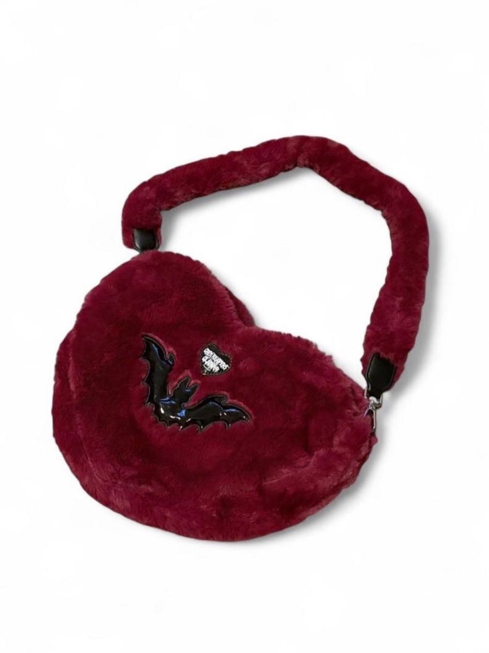 Plush Heart Shoulder Bag in Burgundy with Bat Appliqué